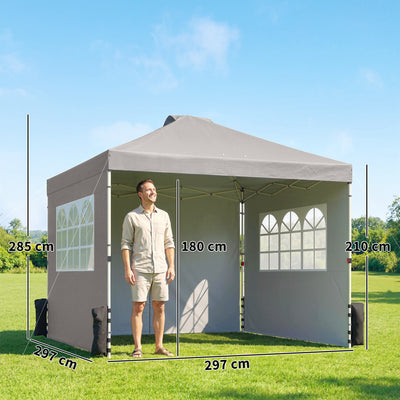 Outsunny Pop Up Gazebo Waterproof Height Adjustable Canopy with 3 Sidewalls Wheeled Bag for Parties 3 x 3 m Grey 