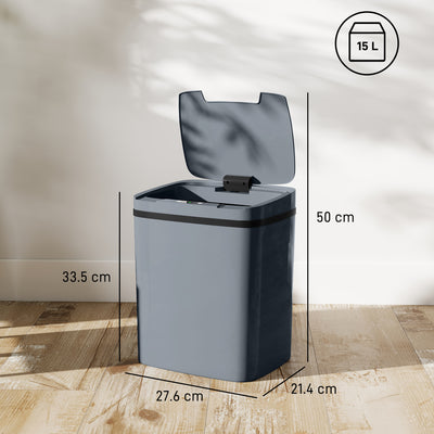 HOMCOM 15L Sensor Bin, Automatic Touchless Kitchen Bin, Easy Clean, Battery Operated for Home Office, Bedroom, Bathroom, Grey 