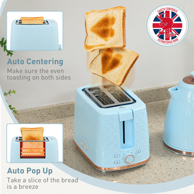 HOMCOM 1.7L 3000W Fast Boil Kettle & 2 Slice Toaster Set, Kettle and Toaster Set with Auto Shut Off, Browning Controls, Light Blue 