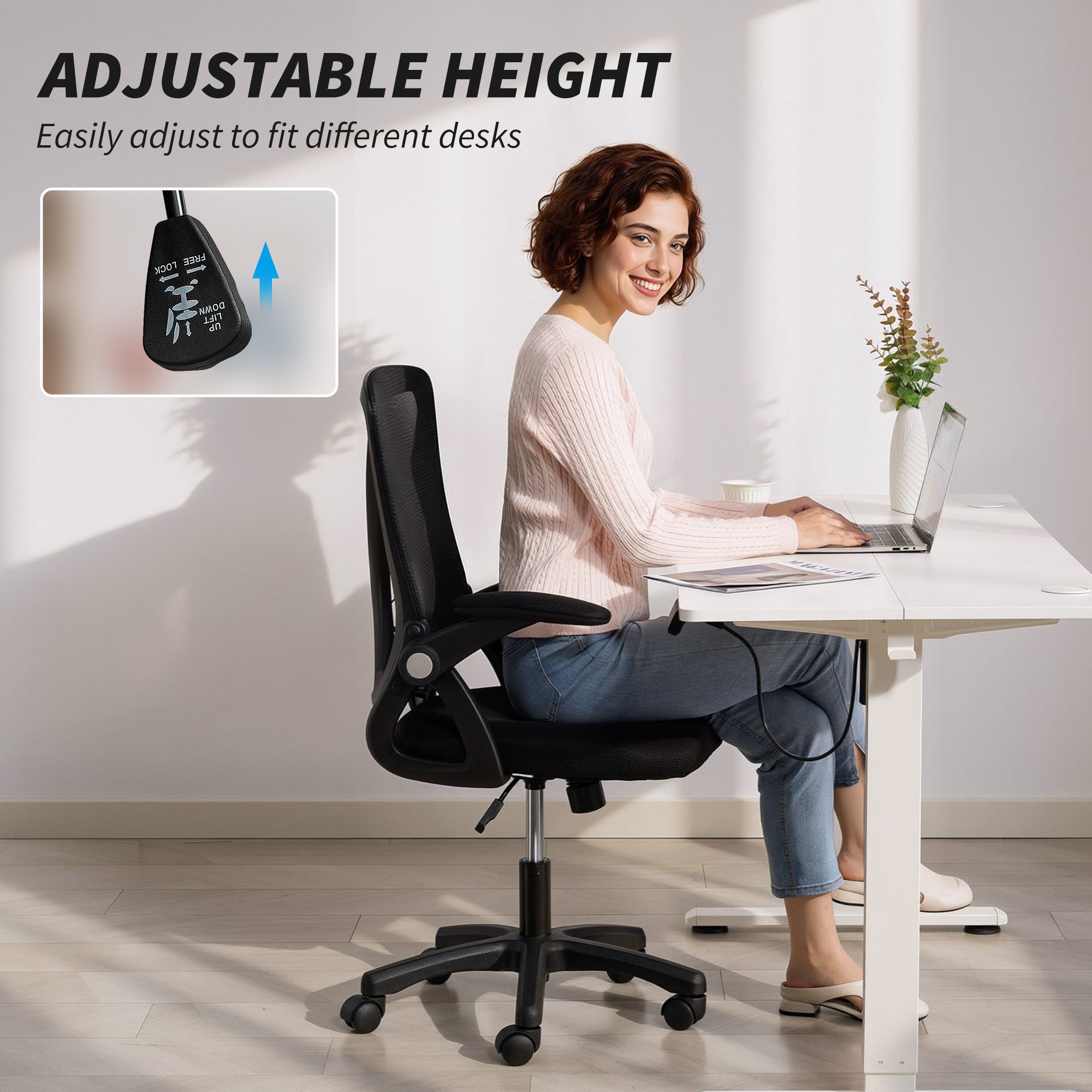HOMCOM Office Chair, Mesh Desk Chair with Flip-up Armrests, Lumbar Support, Adjustable Height, Black 