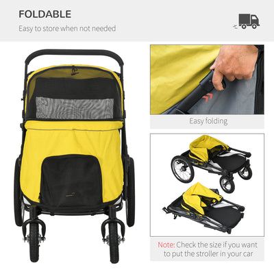 PawHut Foldable Pet Stroller, with Washable Cushion, Storage Bags, Safety Leash, for Medium, Large Dogs, Cats - Yellow 