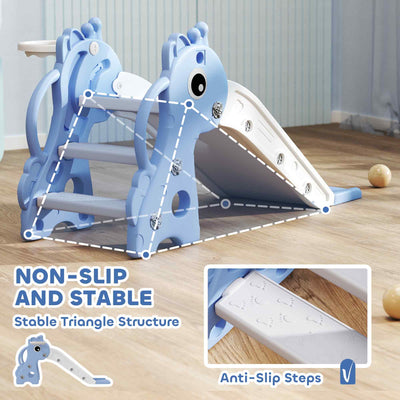 AIYAPLAY 3 in 1 Kids Slide with Climber, Basketball Hoop and Ball, Giraffe Shape Climber Slide for Indoor Kids Age 1-3, Blue 