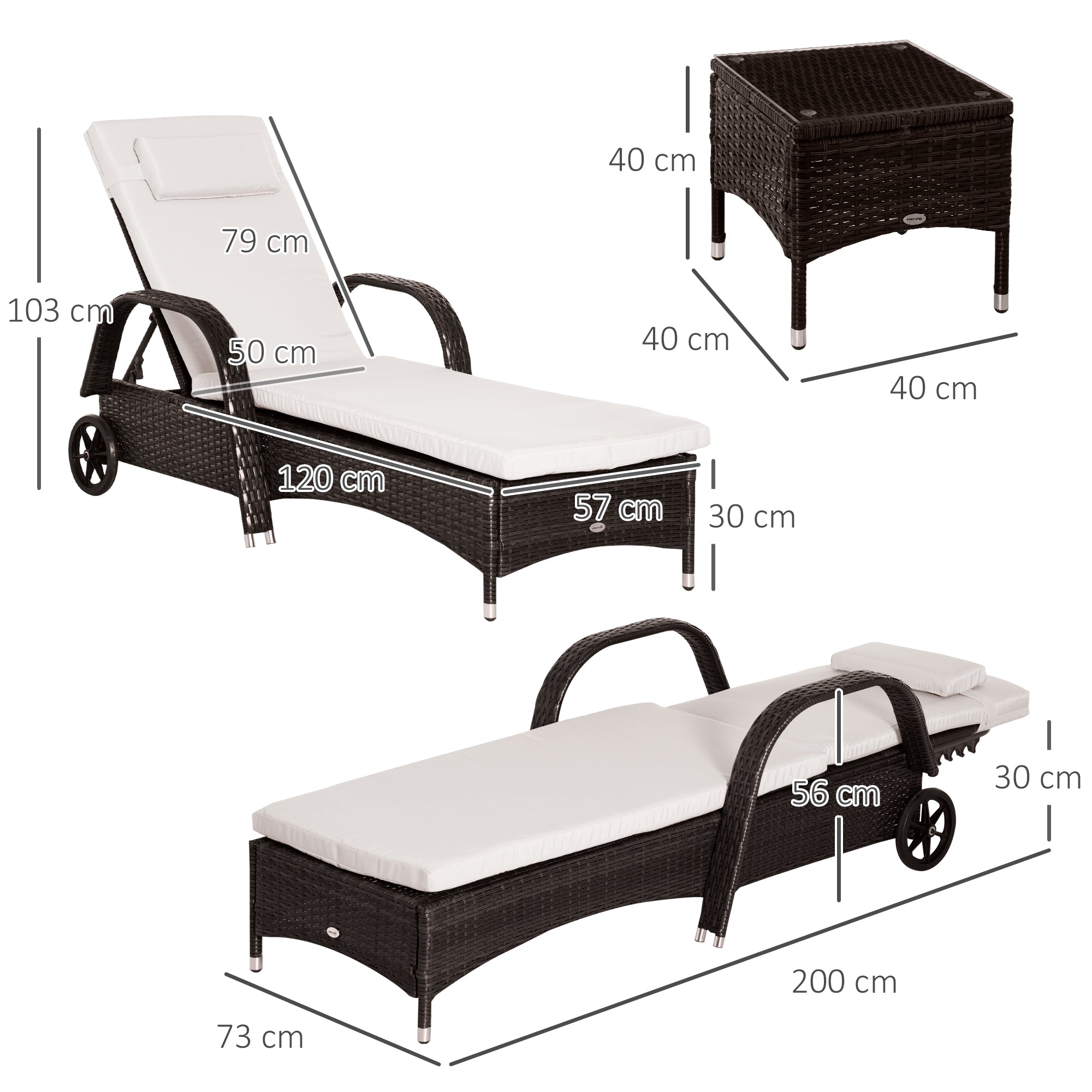 Outsunny 3 Pieces PE Rattan Patio Lounge Chair Set, Outdoor Recliner Lounge Chairs with Wheels, for Outside with Cushions, Headrest, Coffee Table for Garden, Poolside, Brown 