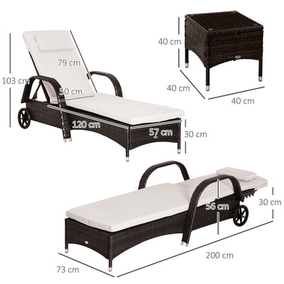 Outsunny 3 Pieces PE Rattan Patio Lounge Chair Set, Outdoor Recliner Lounge Chairs with Wheels, for Outside with Cushions, Headrest, Coffee Table for Garden, Poolside, Brown 