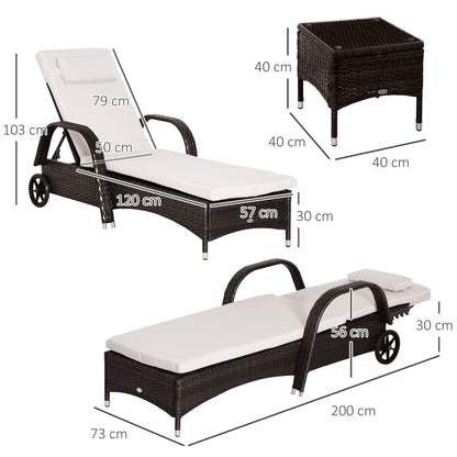 Outsunny 3 Pieces PE Rattan Patio Lounge Chair Set, Outdoor Recliner Lounge Chairs with Wheels, for Outside with Cushions, Headrest, Coffee Table for Garden, Poolside, Brown 