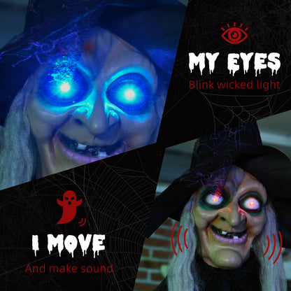 HOMCOM 6ft Outdoor Halloween Decoration Witch, Hanging Witch Prop Life Size with Sound and Motion Activated, Light Up Eyes, Talking Sound, Posable Arms