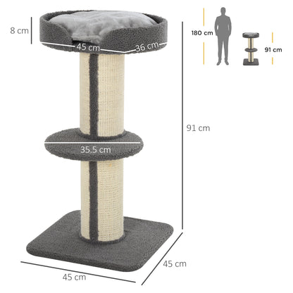 PawHut 91cm Cat Tower Scratching Posts Cat Tree for Indoor Cats Kitten Activity Centre Grey 