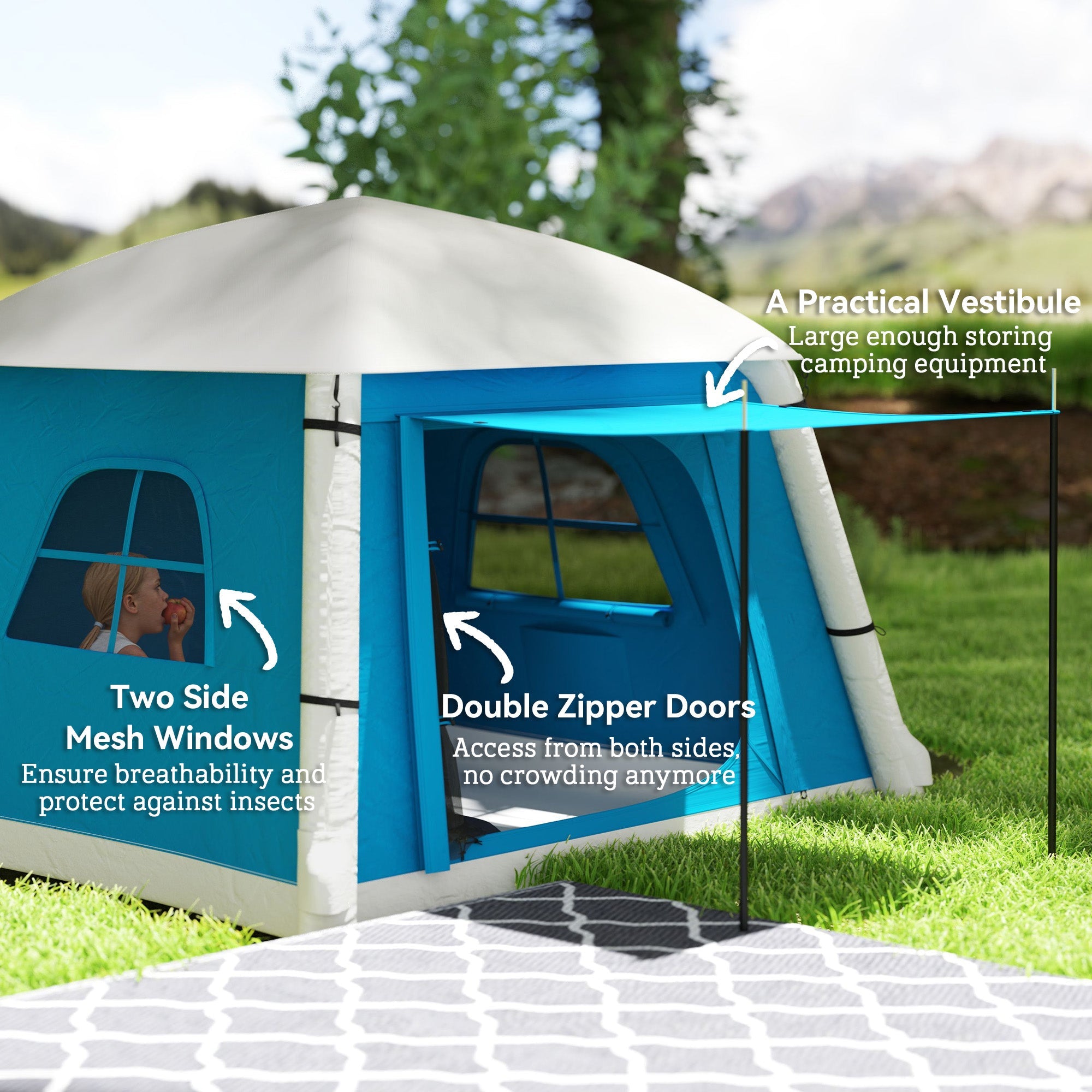 Outsunny Inflatable Camping Tent w/ Hand Pump, Easy Setup 1/2 Person Blow Up Tent Waterproof 190T Taffeta w/ Mesh Windows, Doors and Carry Bag, Light Blue 