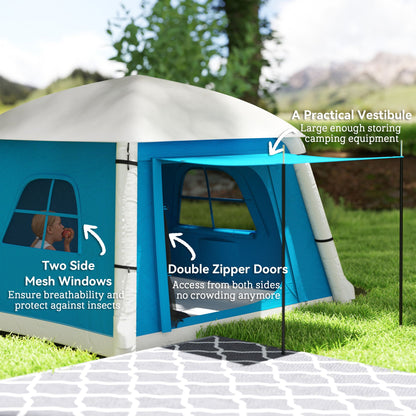 Outsunny Inflatable Camping Tent w/ Hand Pump, Easy Setup 1/2 Person Blow Up Tent Waterproof 190T Taffeta w/ Mesh Windows, Doors and Carry Bag, Light Blue 
