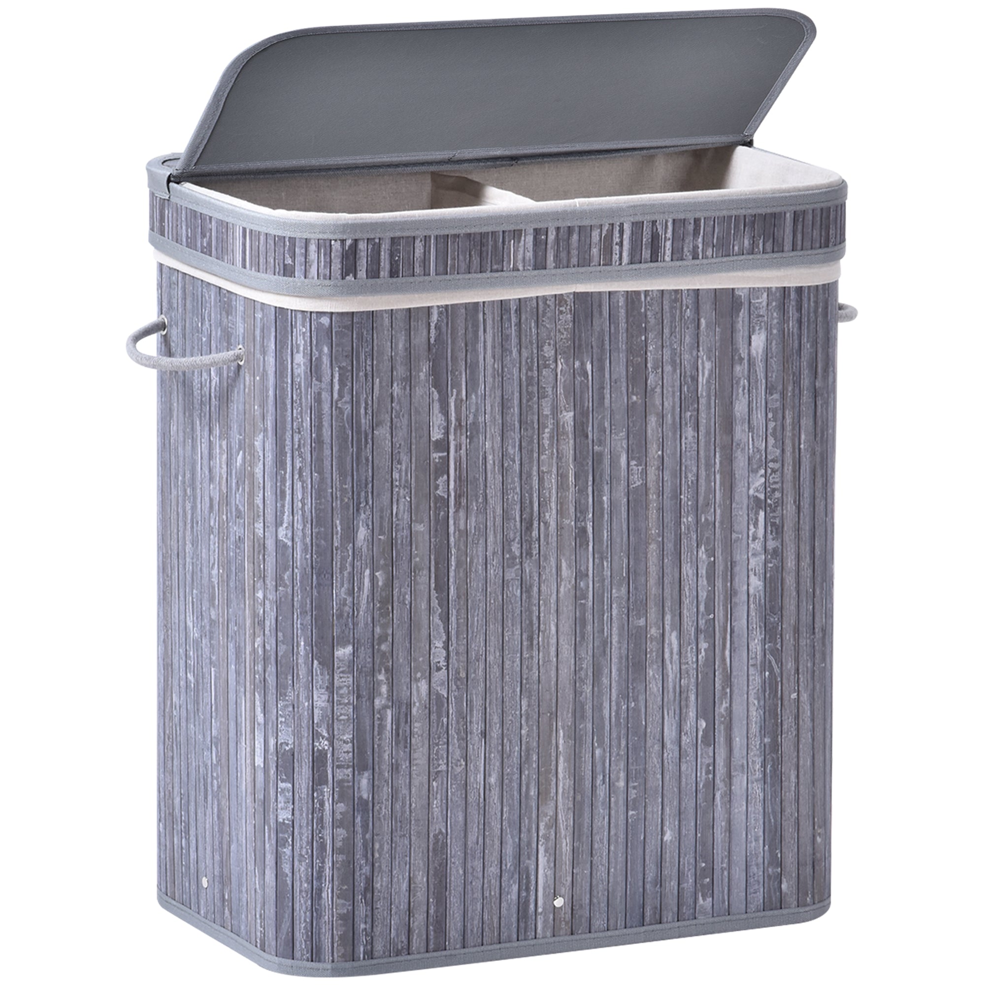 HOMCOM 100L Wooden Laundry Basket w/ Split Compartment Lid Removable Lining Handles Air Holes Ventilation Foldable Durable Water-Resistant Dirty Clothes Storage Home Organisation Grey 