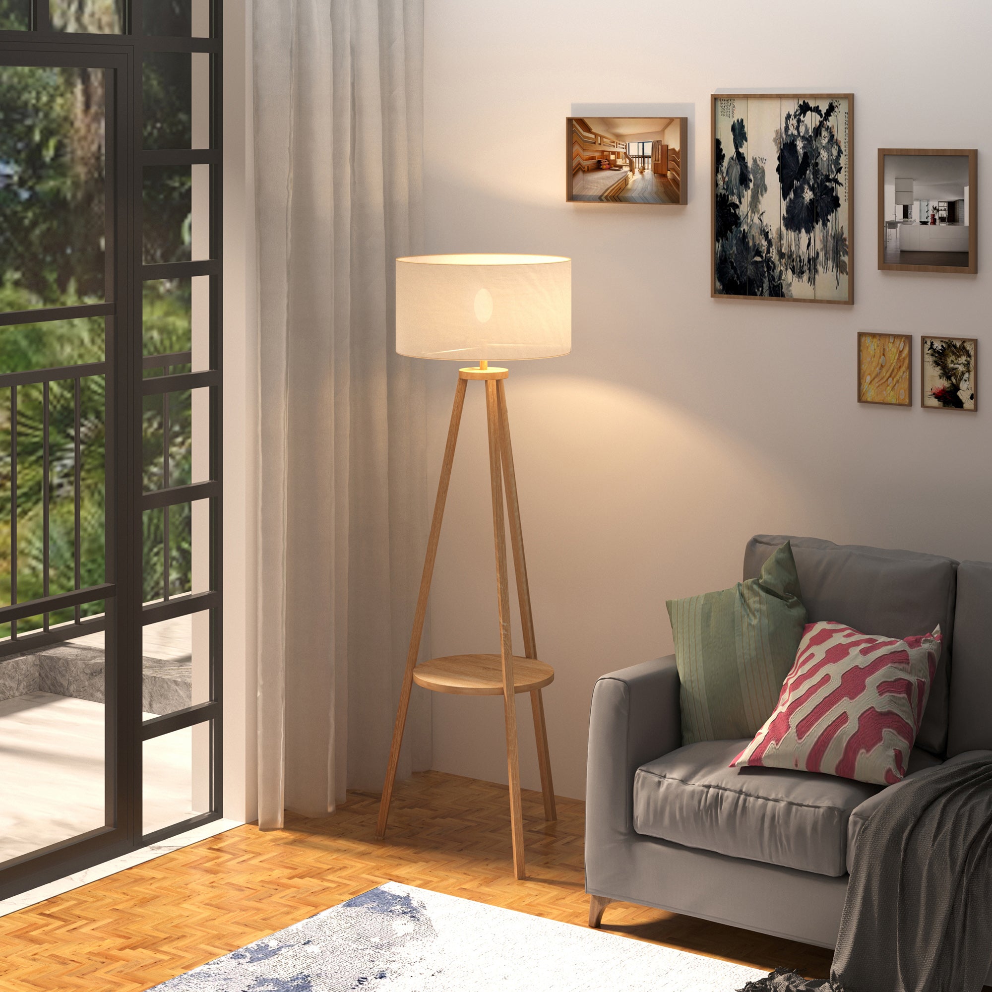 HOMCOM Free Standing Tripod Floor Lamp Bedside Light Reading Light with Storage Shelf Linen Shade for Living Room Bedroom, 154cm, Cream 
