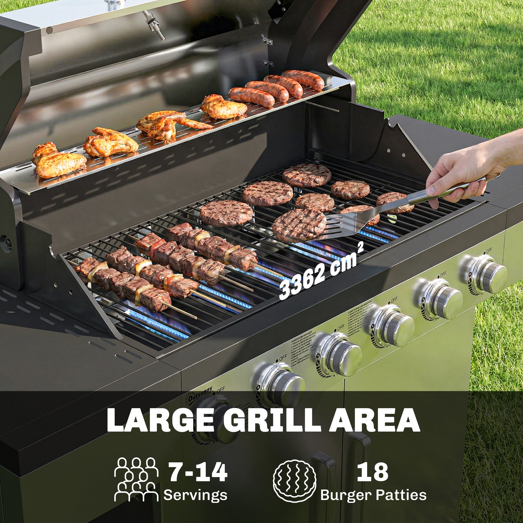 Outsunny 6 Burner Liquid Propane Gas BBQ Grill, Outdoor Portable Gas Barbecue Grill with Warming Rack, Side Tables, Cabinet 
