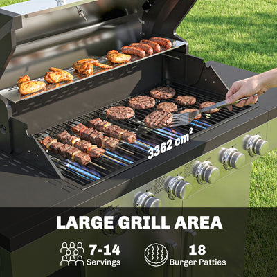 Outsunny 6 Burner Liquid Propane Gas BBQ Grill, Outdoor Portable Gas Barbecue Grill with Warming Rack, Side Tables, Cabinet 