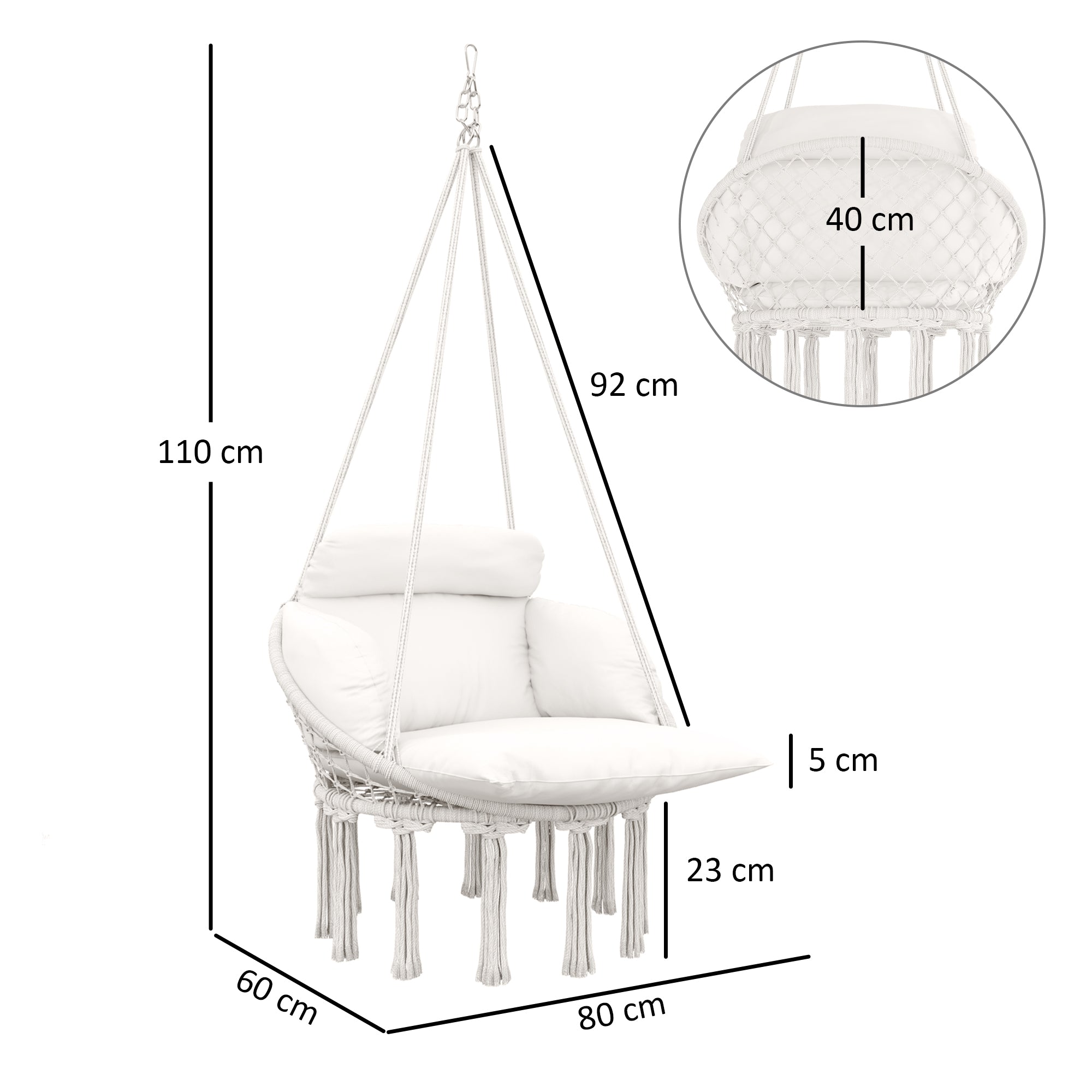 Outsunny Hanging Chair Outdoor Hammock Chair with Soft Cushion, Cotton Rope Boho Style Swing Chair, Hanging Garden Swing Seat for Indoor Outdoor, Cream White 