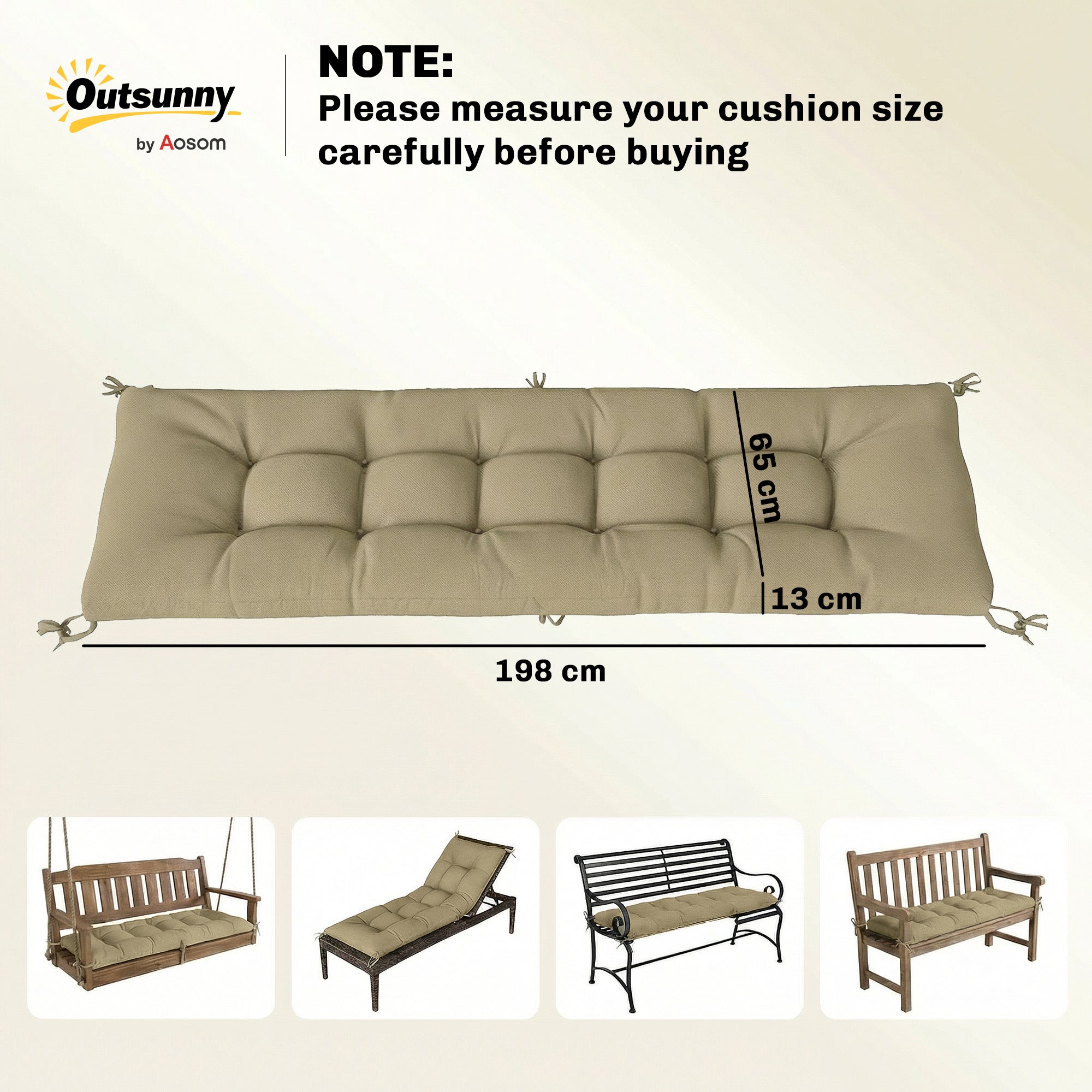 Outsunny Sun Lounger Cushion, Memory Foam Patio Chair Cushion with Ties, Outdoor Seat Pad Fits 190 x 60 cm Lounger, Sand 