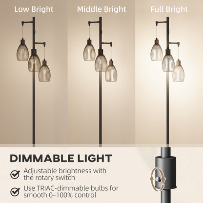 HOMCOM 3-Light LED Floor Lamp, 170cm Industrial Dimmable Standing Lamp with Steel Wire Cage Lampshades, 2700K for Living Room, Bedroom, Dining Room, Study, Black