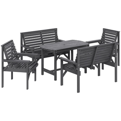 Outsunny 5 Piece Wooden Garden Dining Set for 6, Outdoor Conversation Set with 2 Armchairs, 2 Loveseats and Dining Table with Umbrella Hole for Patio, Balcony, Grey 