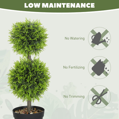 HOMCOM Set of 2 Decorative Artificial Plants, 60cm Faux Topiary Cypress Ball Trees with Plastic Pot and Pebbles, Fake Plants for Home Office Decor, Green