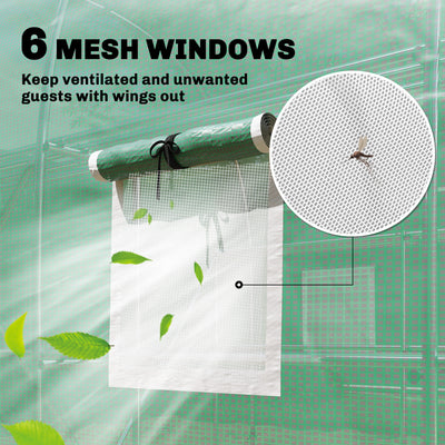 Outsunny Walk-in Greenhouse with Shelves, Polytunnel Greenhouse with Roll-Up Door, 6 Mesh Windows,198 x 275 x 191 cm, Green 