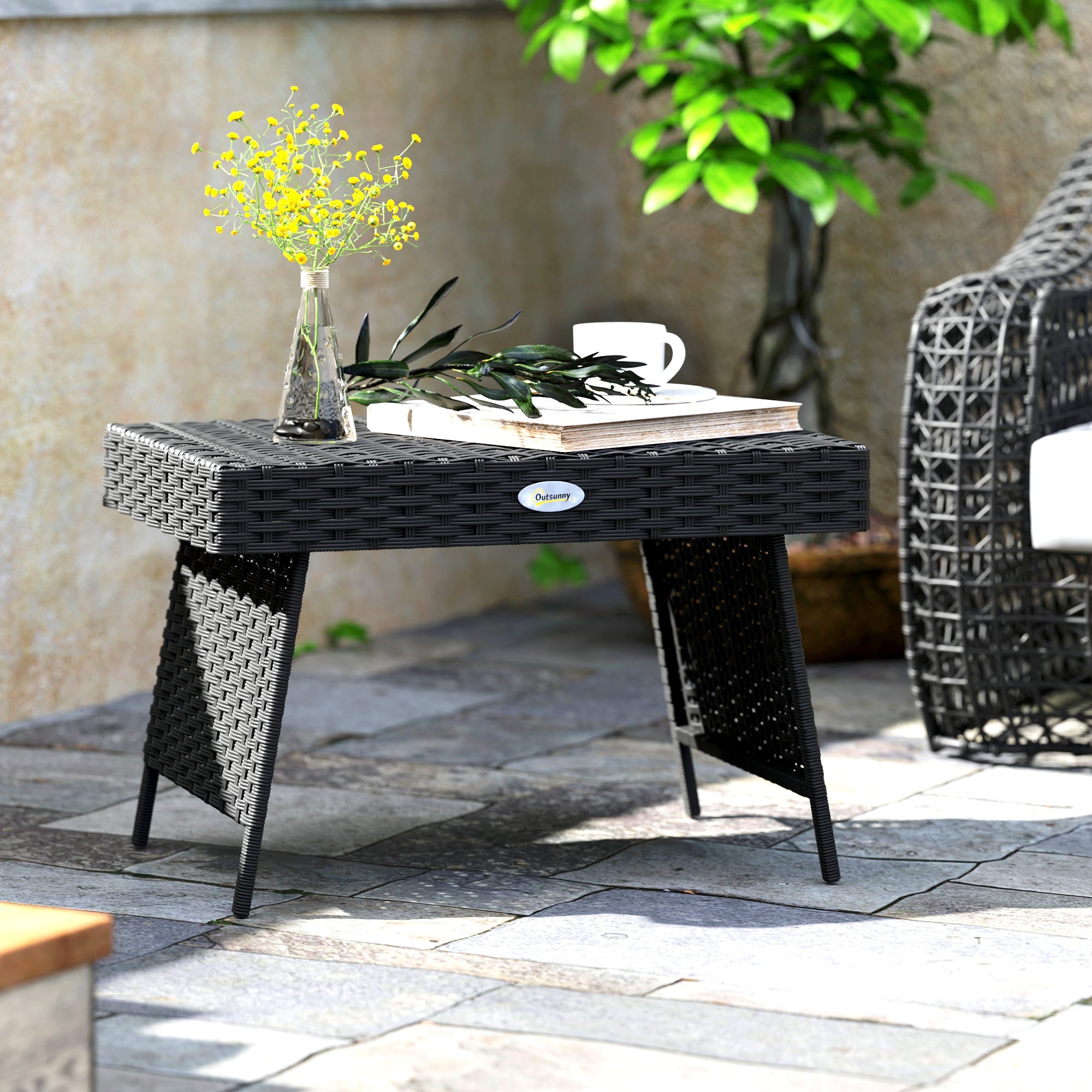 Outsunny Foldable Outdoor Side Table, Rattan Garden Coffee Table with Steel Frame, Space Saving Bistro Garden Furniture for Patio, Balcony, 60 x 41 x 41 cm, Black 