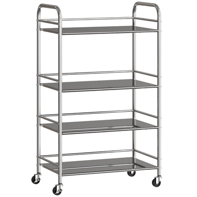 HOMCOM 4 Tier Stainless Steel Kitchen Storage Trolley with Adjustable Shelves - Silver 