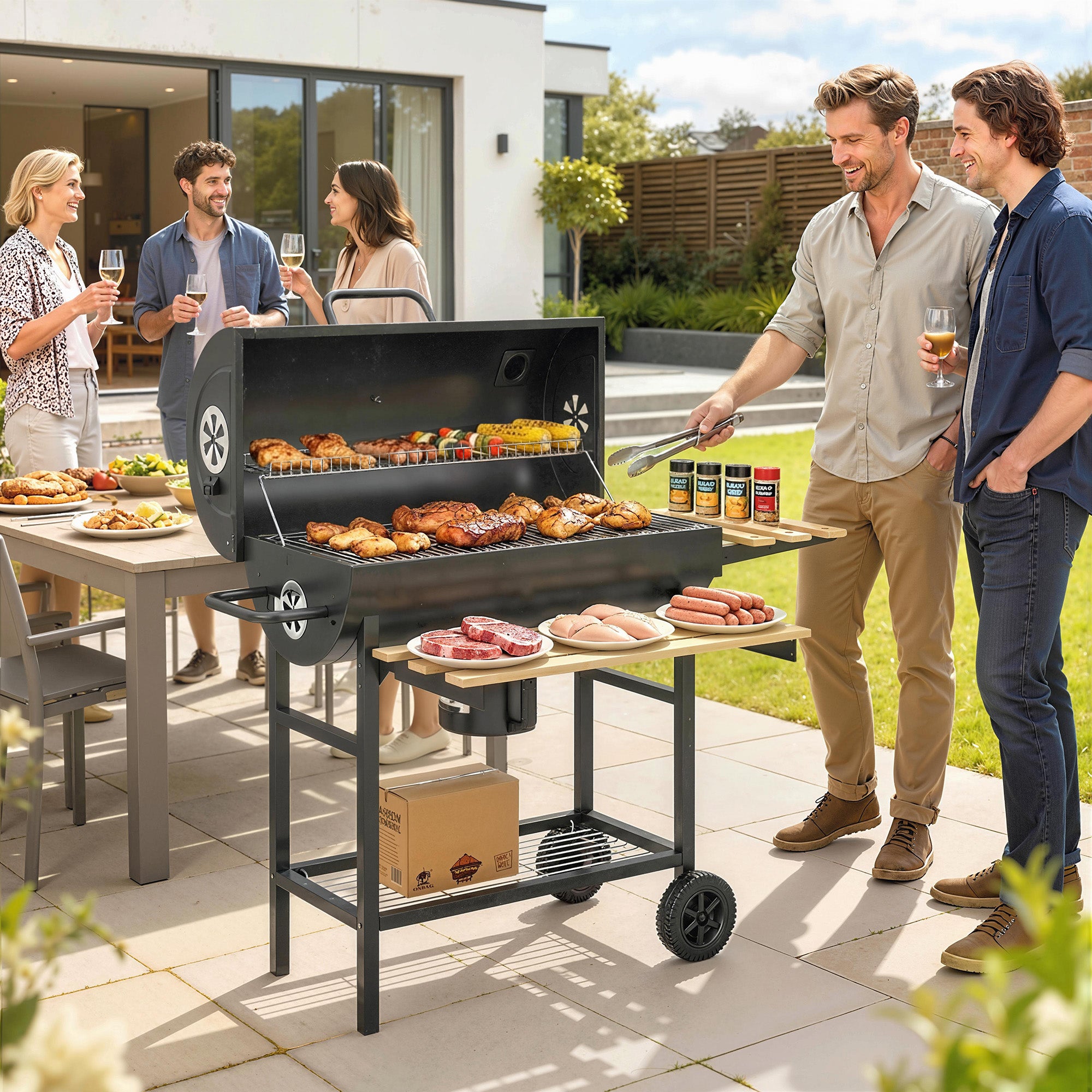 Outsunny Charcoal Grill, Barrel BBQ Smoker with Warming Rack, Charcoal BBQ Grill with Foldable Shelves, Natural Wood and Black 