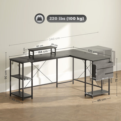 HOMCOM 168cm Reversible L Shaped Desk, Industrial Corner Computer Desk with Adjustable Shelf and Storage Bag, 240cm 2 Person Desk with Monitor Stand, Black 