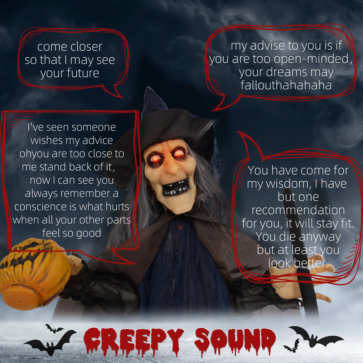 HOMCOM 6'2" Witch with Broomstick Halloween Animatronic, with Glowing Eyes 