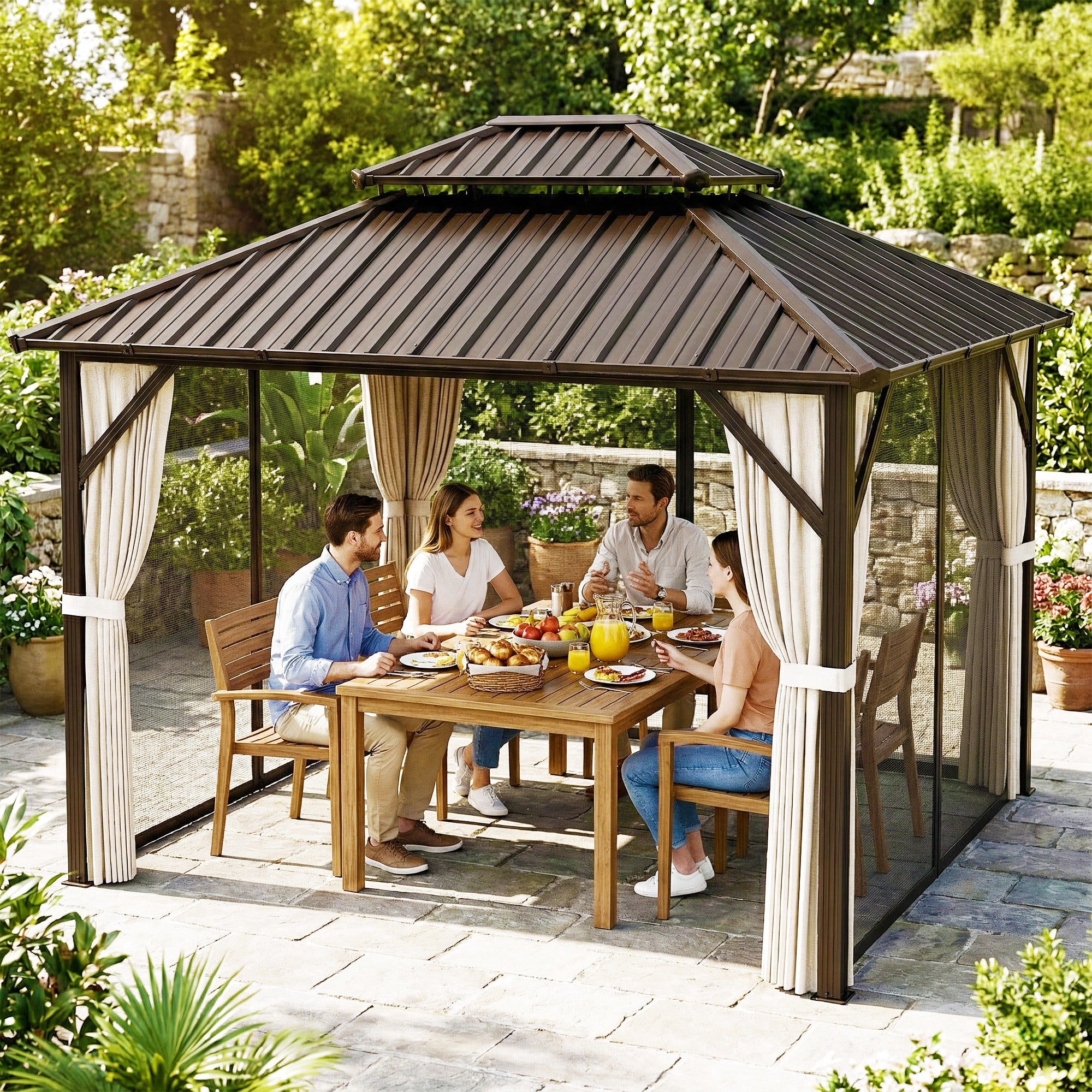 Outsunny 3x3.6 m Hardtop Gazebo Canopy with UPF50+ Double Galvanised Steel Roof, Aluminium Garden Gazebo Permanent Pavilion, Brown 