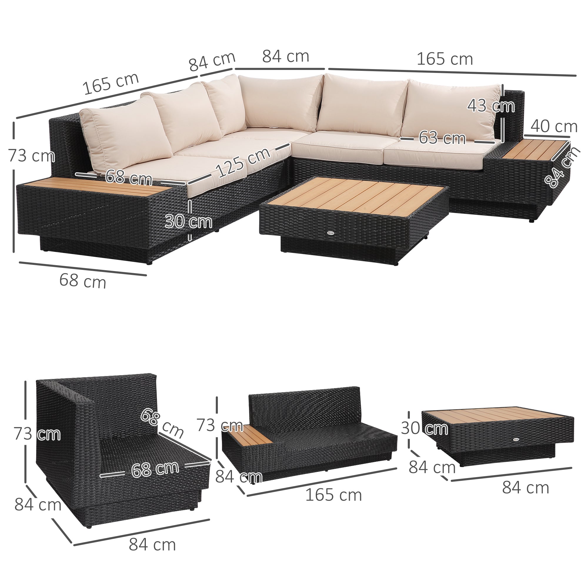 Outsunny 4 PCs Rattan Garden Furniture Outdoor Sectional Corner Sofa and Coffee Table Set  Conservatory Wicker Weave Furniture with Armrest and Cushions - Black 
