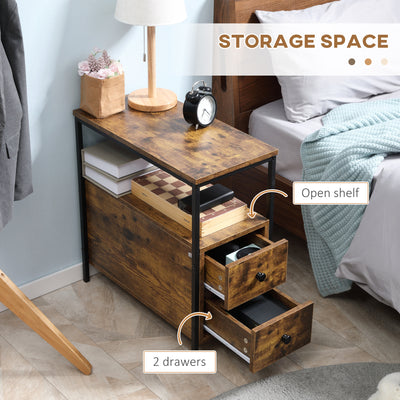 HOMCOM Set of 2 Side Table, Narrow Bedside Table with 2 Drawers and Storage Shelf, Industrial End Table with Metal Frame for Small Spaces, Rustic Brown 