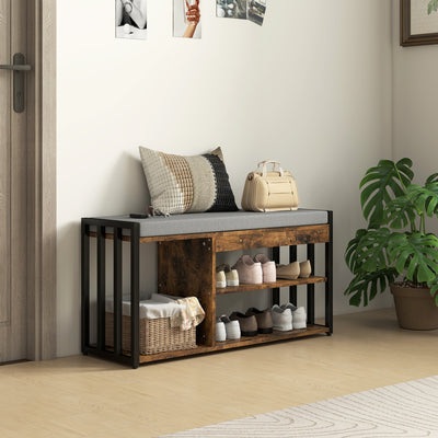 HOMCOM Shoe Storage with Seat, Upholstered Entryway Bench, Shoe Bench with 3 Open Shelves for Hallway, Rustic Brown 