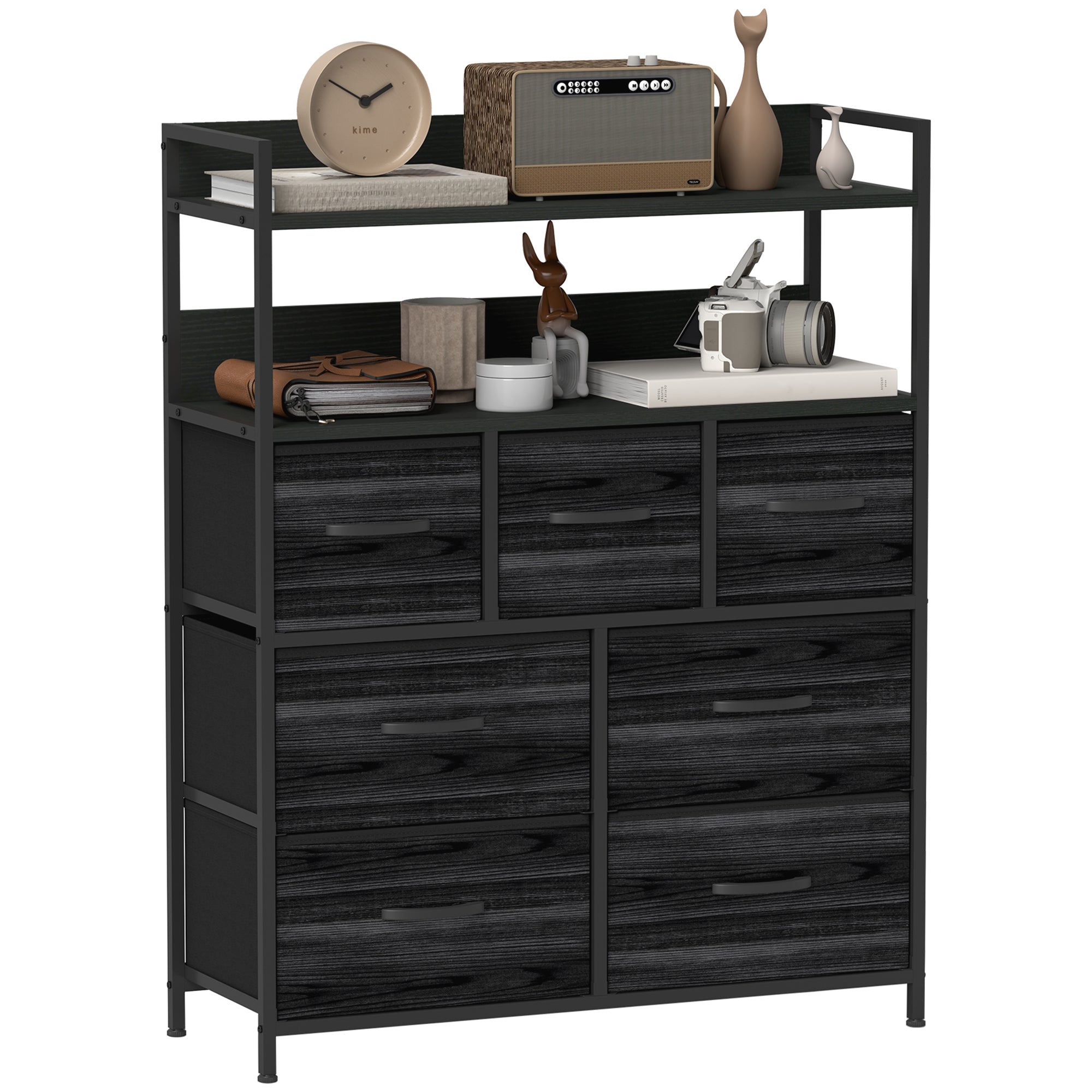 HOMCOM Rustic Chest of Seven Fabric Drawers - Black 