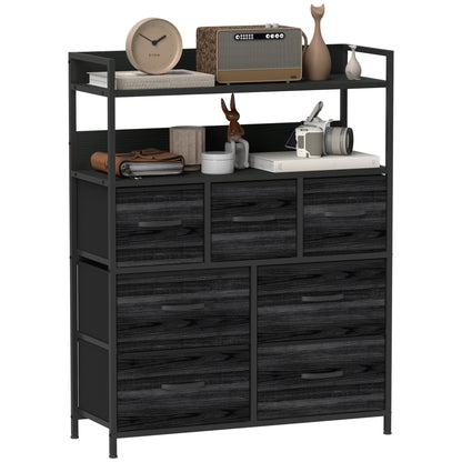 HOMCOM Rustic Chest of Seven Fabric Drawers - Black 