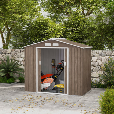 Outsunny 7 x 4ft Metal Garden Storage Shed with Vents, Floor Foundation Kit and Lockable Double Doors, Light Brown 