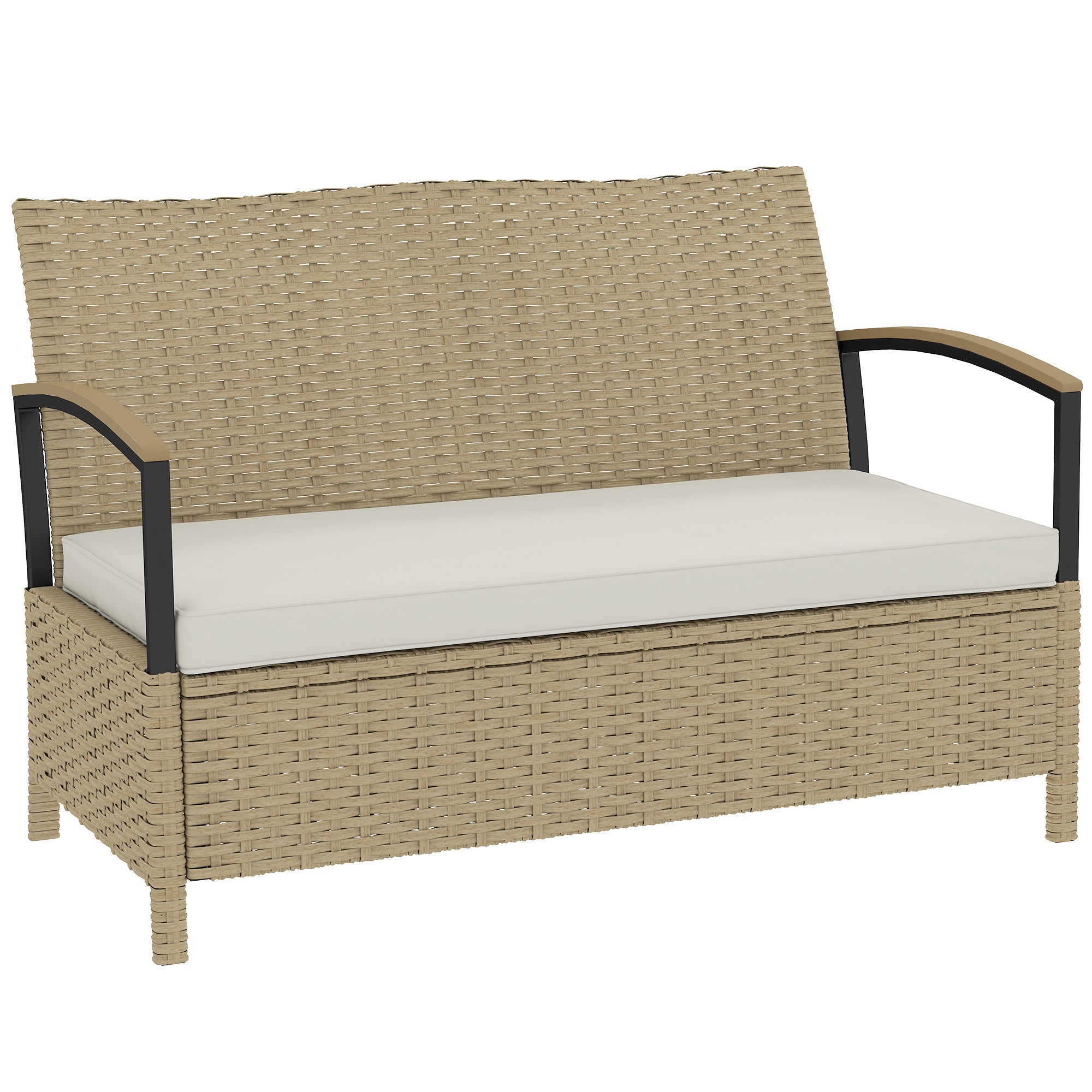 Outsunny 125L Garden Storage Bench, 2 Seater PE Rattan Outdoor Bench Storage Box with Padded Cushion, Khaki 
