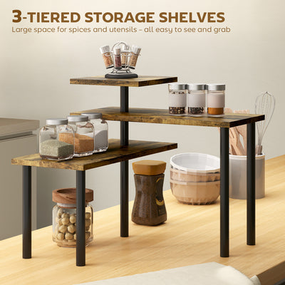 HOMCOM 3-Tier Kitchen Countertop Organiser, Adjustable Spice Rack, Corner Shelf for Kitchen, Coffee Bar, Bathroom, Rustic Brown 
