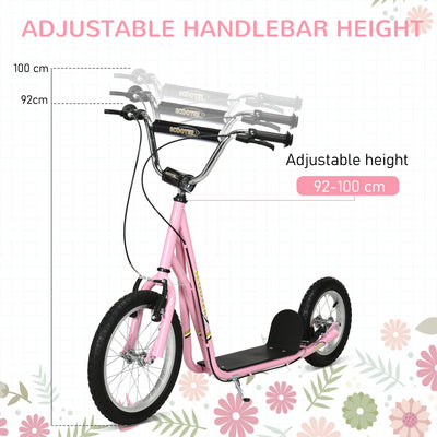HOMCOM Kids Scooter, Teen Kick Scooter with Rubber Wheels, 16" Front Wheel, Height Adjustable Handlebar, Dual Brakes, Kick Stand, for 5+ Years, Pink 