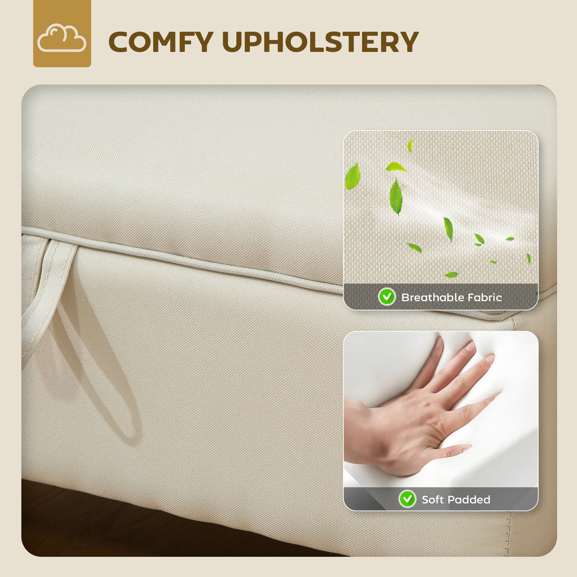 HOMCOM 30L Linen Storage Ottoman Padded Footstool with Rubberwood Legs for Storage Box, Bed End, Shoe Bench, Seating, Beige