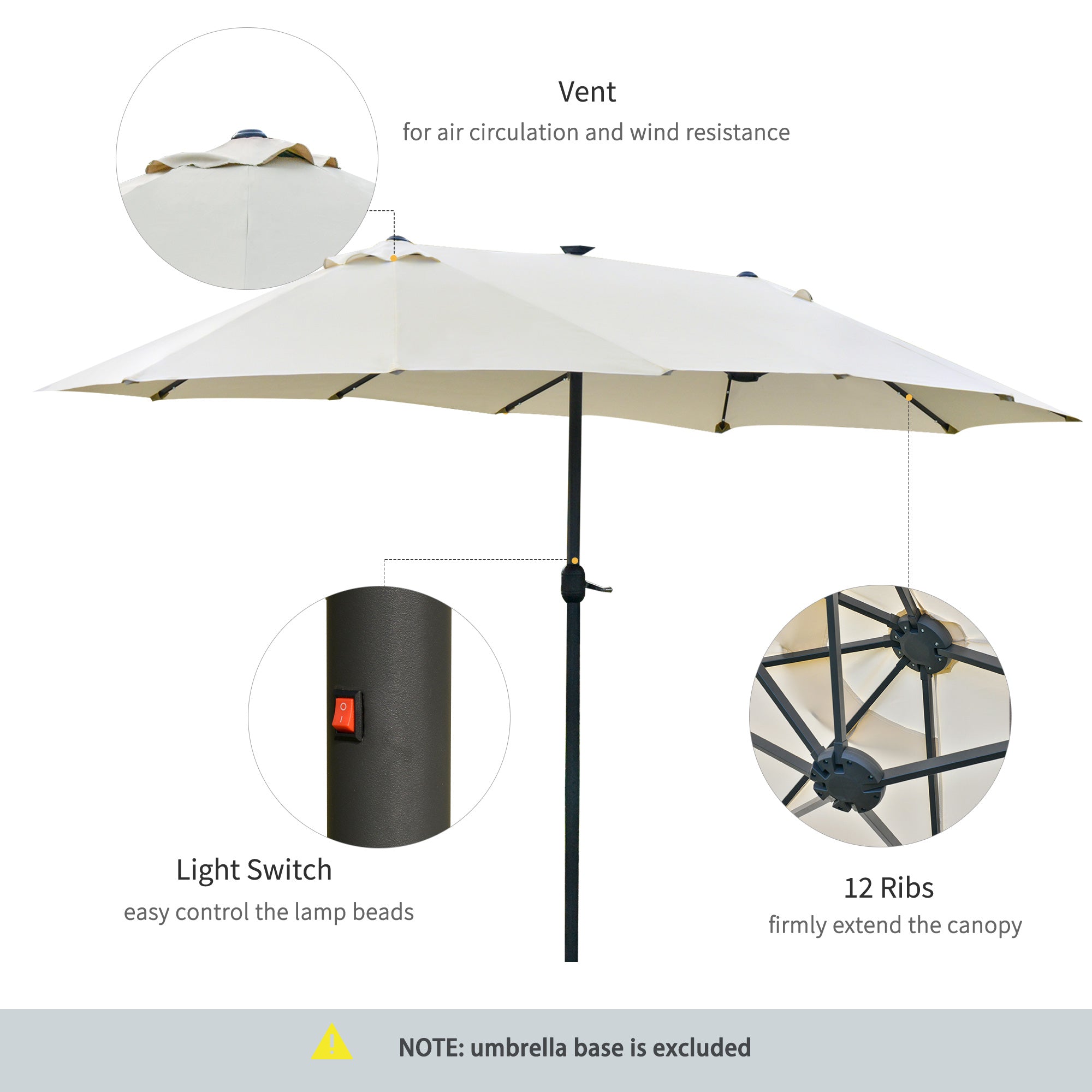 Outsunny 4.4m Double-Sided Sun Umbrella Patio Parasol LED Solar Lights Cream White 