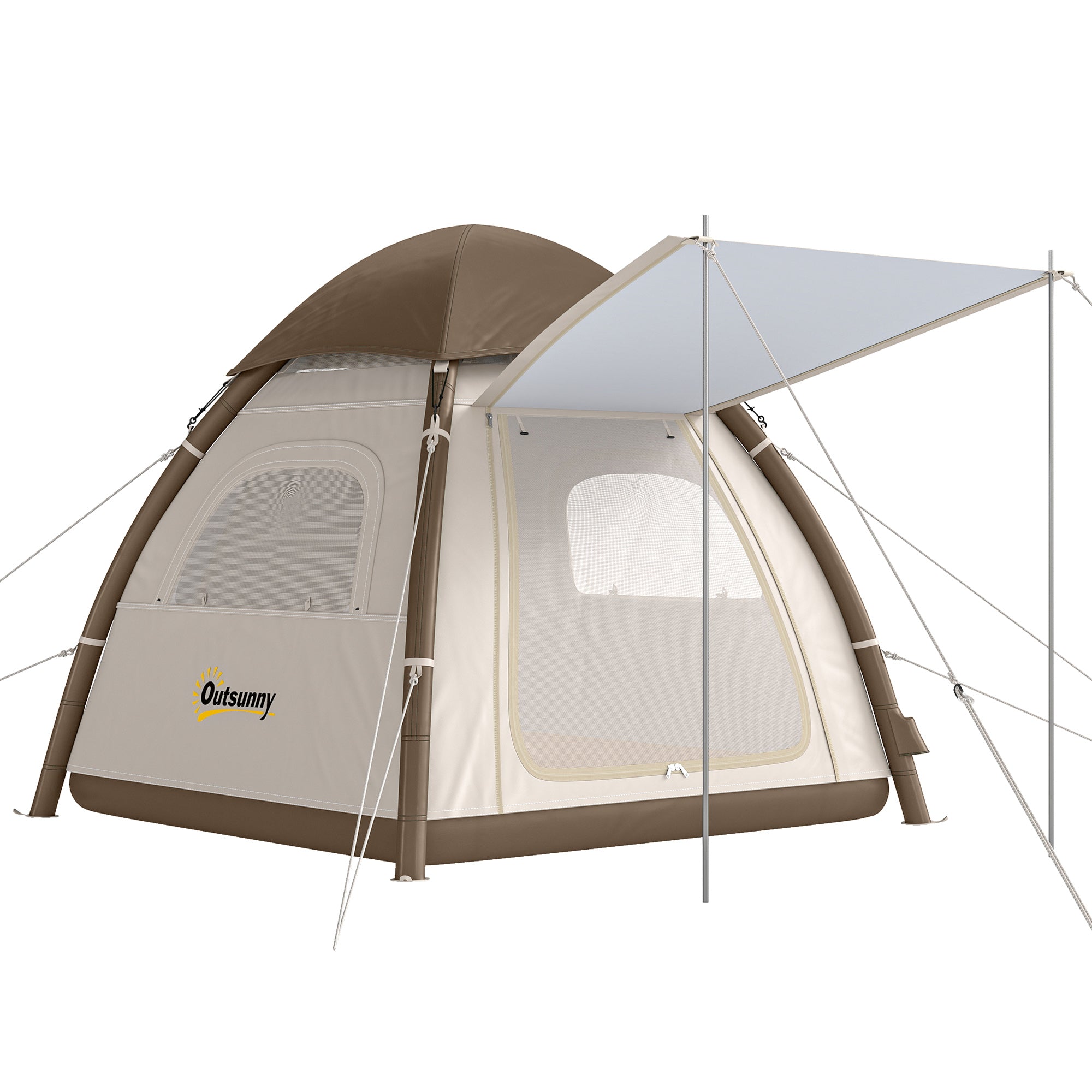 Outsunny Inflatable Camping Tent with Rainfly, 3 Man Air Tent 3000mm Waterproof Blow Up Tents, Cream 