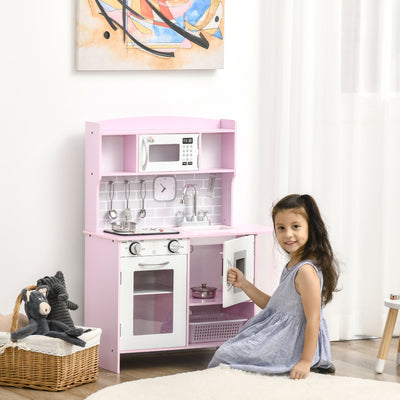 HOMCOM Kids Kitchen Playset, with Lights, Sounds, Microwave, Sink and Storage - Pink 