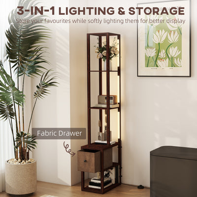 HOMCOM Floor Lamp with Shelves, LED Column Modern Standing Lamp with Fabric Drawer, Adjustable Brightness, Foot Switch for Living Room, Bedroom, Office, Dark Brown 