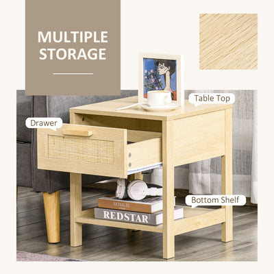 HOMCOM Bedside Table Set of 2 with Rattan Drawer, Rustic Side Tables with Storage Shelf for Bedroom, Living Room, Natural 