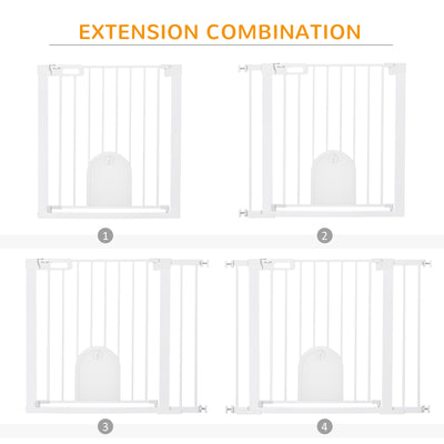 PawHut Dog Gate with Cat Flap Pet Safety Gate Barrier, Stair Pressure Fit, Auto Close, Double Locking, for Doorways, Hallways, 75-103 cm White 