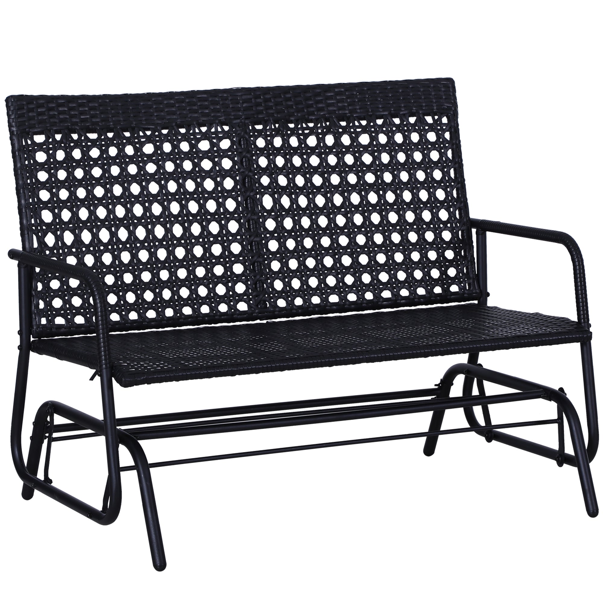 Outsunny 2 Seater PE Rattan Glider Bench, Outdoor Loveseat Chair with Steel Frame, Porch Rocking Glider for 2 Person with Armchair, High Back, Black 