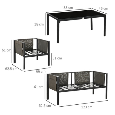 Outsunny 4 Piece Metal Garden Furniture Set with Tempered Glass Coffee Table, Texteline Pocket, Outdoor Patio Set Loveseat Single Armchairs with Padded Cushions, Light Grey 