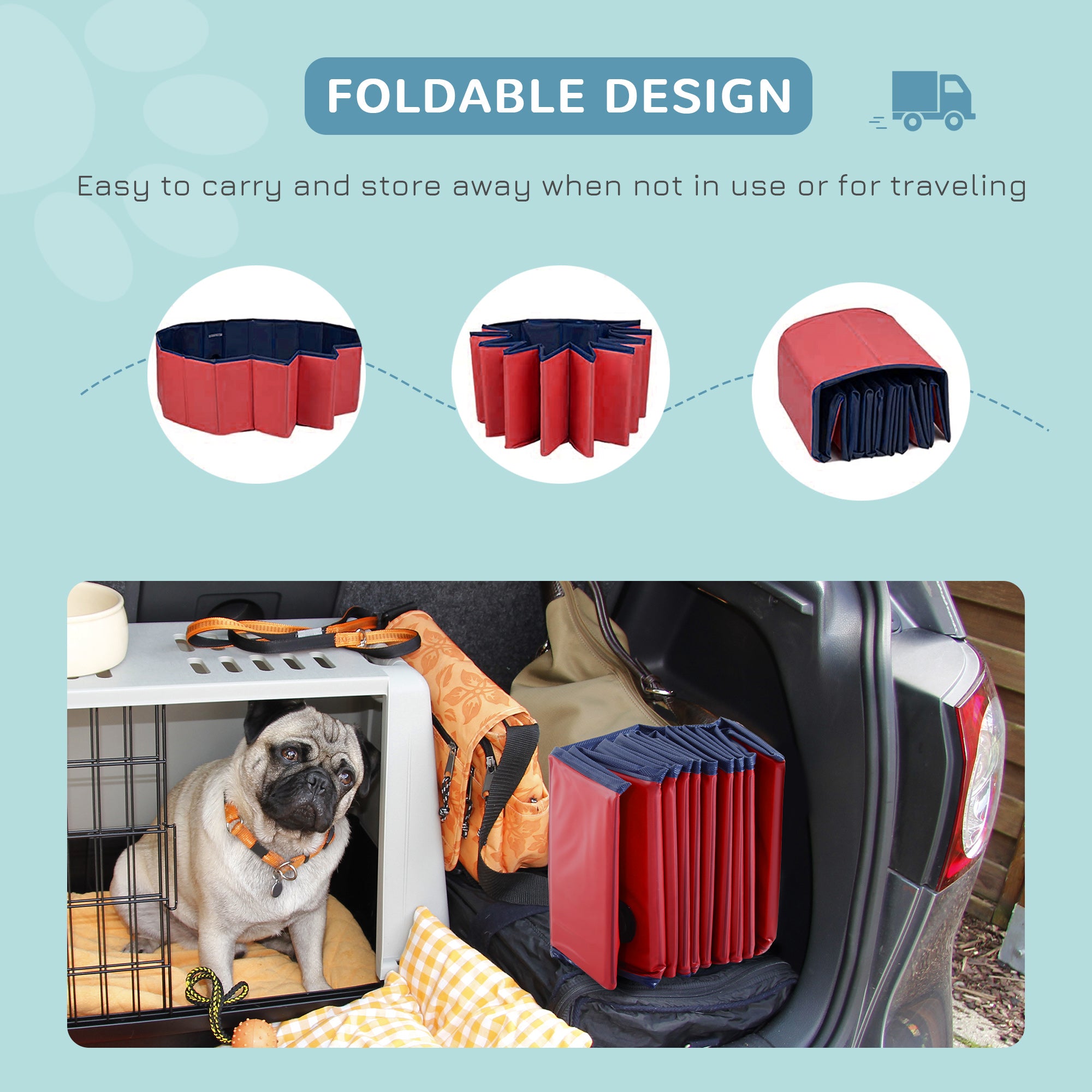 PawHut Foldable Dog Paddling Pool Pet Cat Swimming Pool Indoor/Outdoor Collapsible Summer Bathing Tub Shower Tub Puppy Washer (Φ120 × 30H cm, Red) 