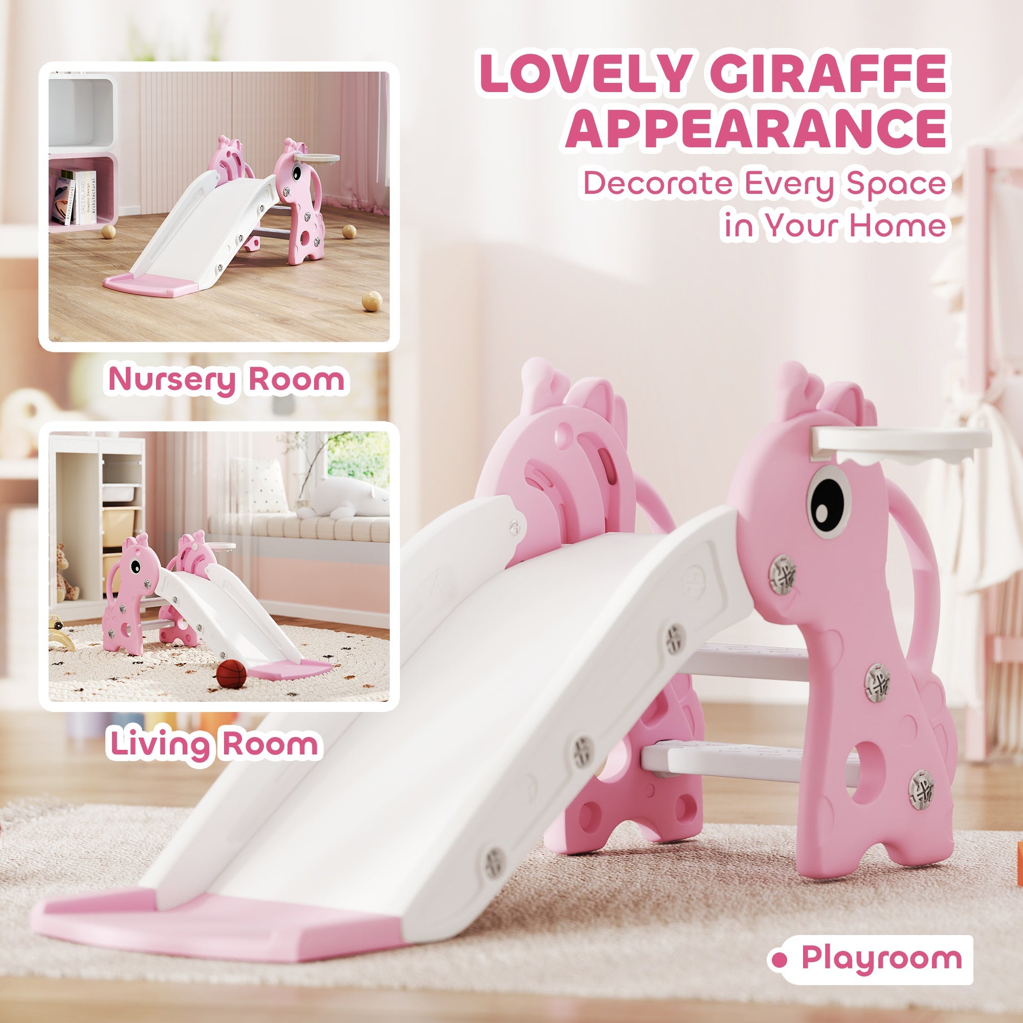 AIYAPLAY 3 in 1 Kids Slide with Climber, Basketball Hoop and Ball, Giraffe Shape Climber Slide for Indoor Kids Age 1-3, Pink 