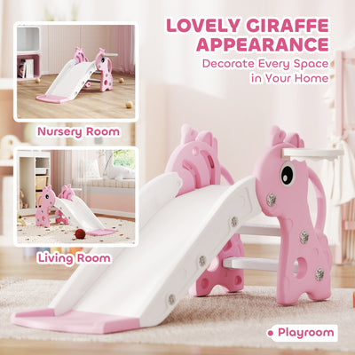 AIYAPLAY 3 in 1 Kids Slide with Climber, Basketball Hoop and Ball, Giraffe Shape Climber Slide for Indoor Kids Age 1-3, Pink 